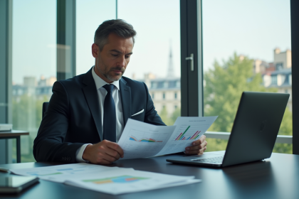 Homme d'affaires en costume dans un bureau parisien