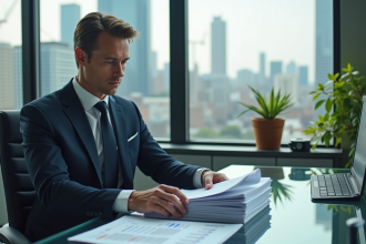 Homme d'affaires en costume lisant des rapports de marché