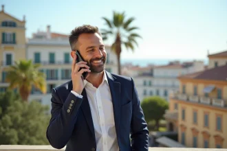 Homme d'affaires en blazer bleu parle au téléphone à Nice