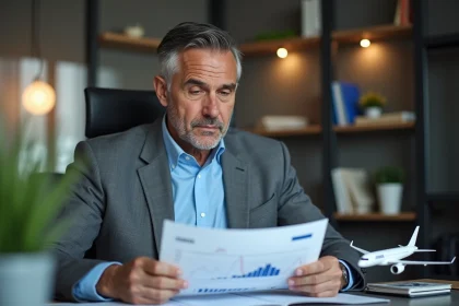 Homme d'affaires examinant un graphique Airbus dans son bureau