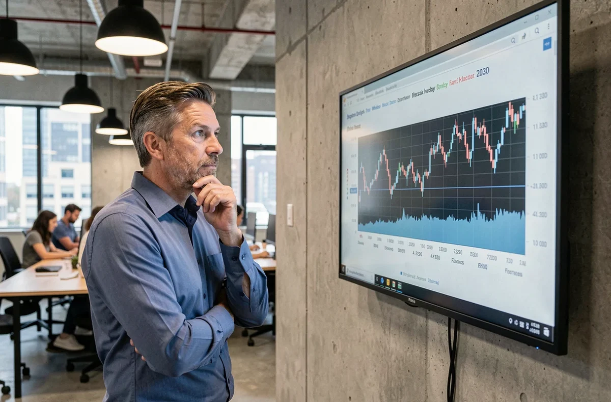 Homme d'affaires analysant une prévision Bitcoin 2030 sur un grand écran dans un espace de coworking