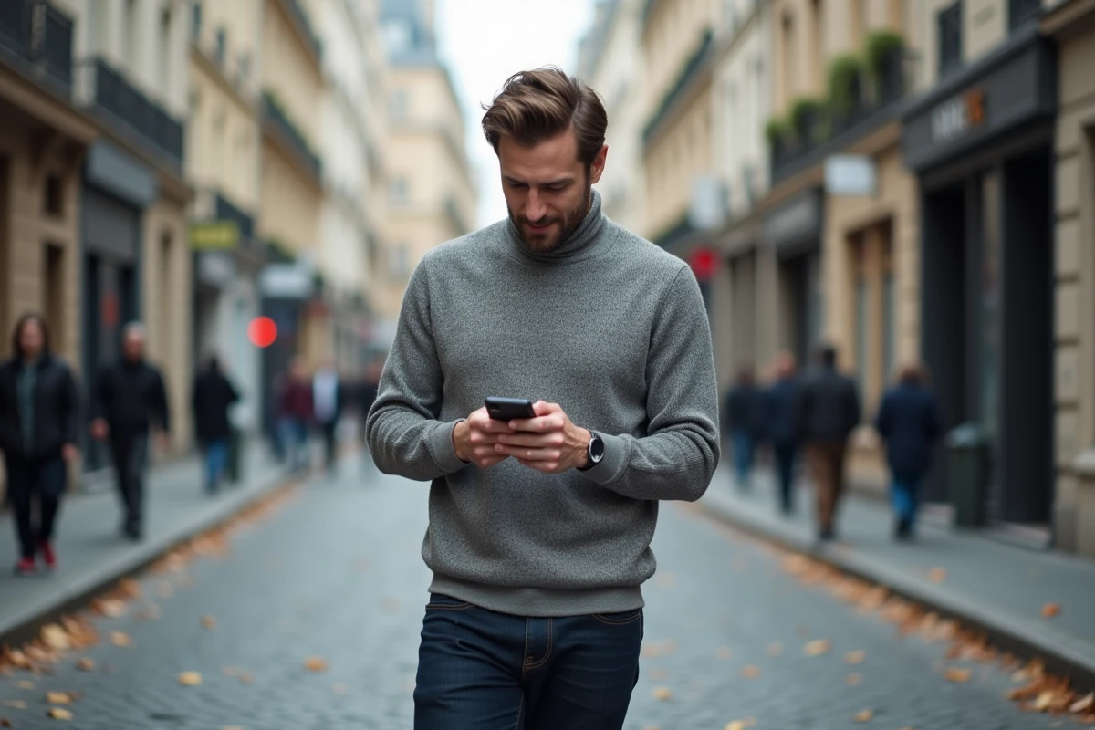 Homme consultant l'application bancaire Rives de Paris Banque Populaire Cyberplus sur son téléphone dans une rue parisienne