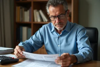 Homme d'âge moyen triant des factures anciennes de francs et euros