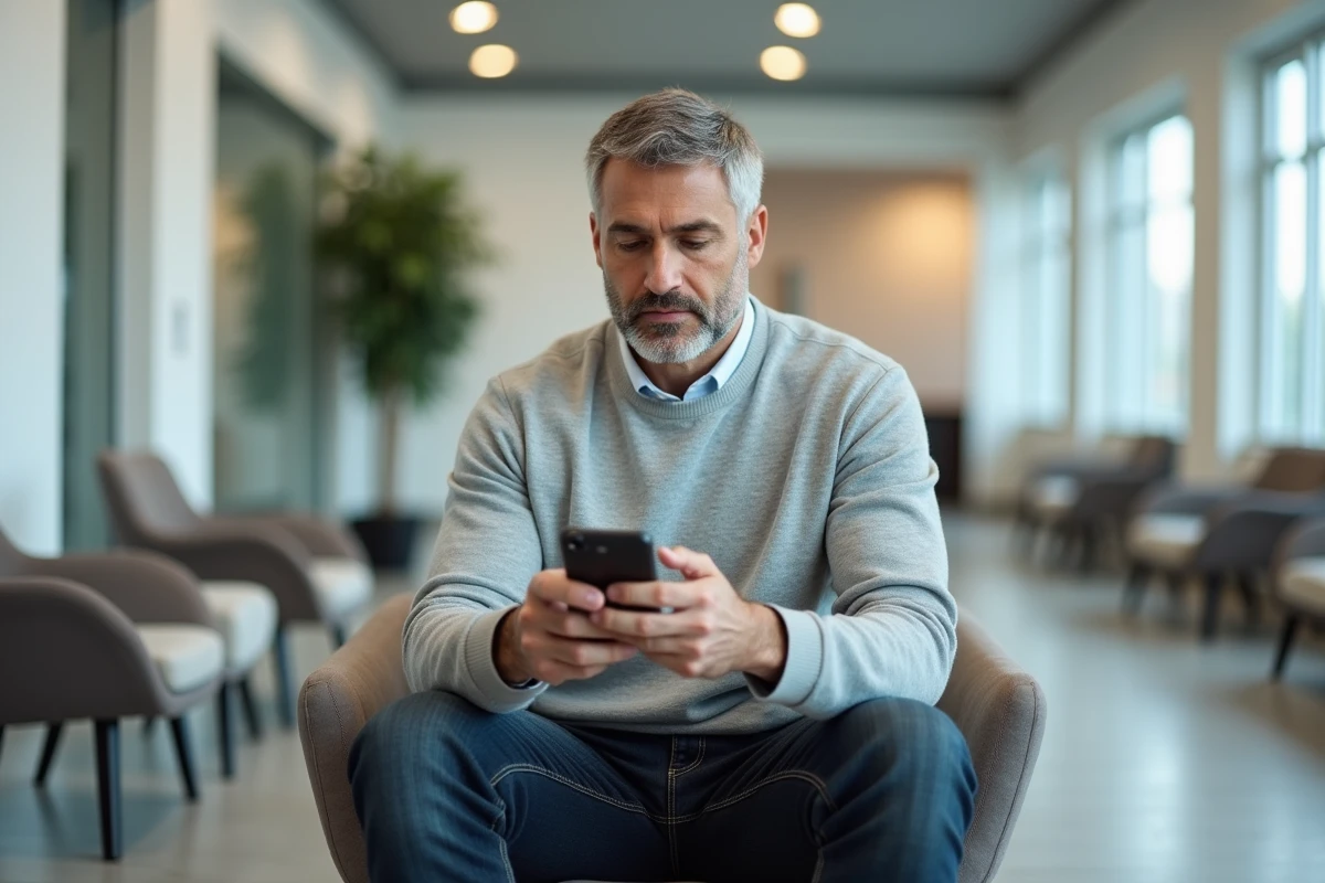 Homme consultant des avis clients sur son téléphone dans une agence de crédit à la consommation