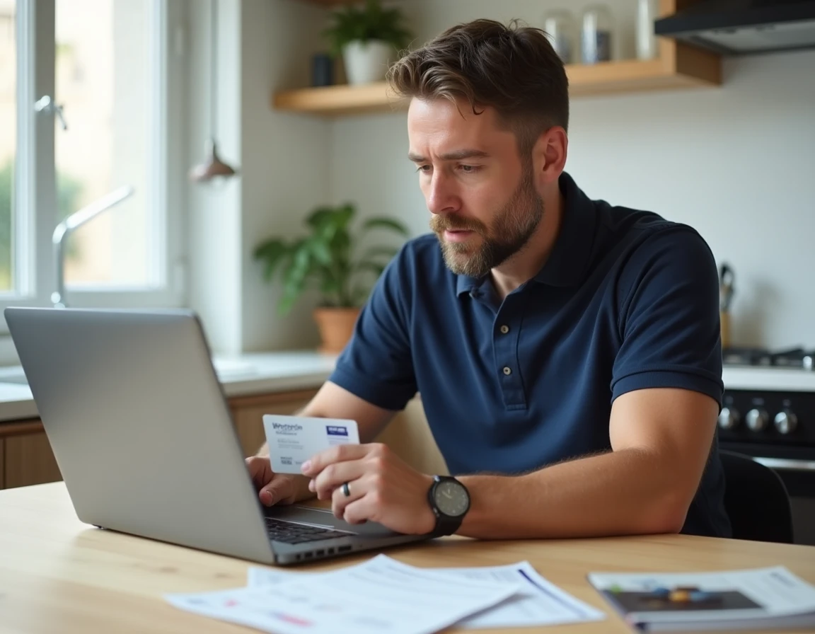 Homme comparant des bons de réduction et une carte de fidélité magasin à domicile pour optimiser ses remboursements