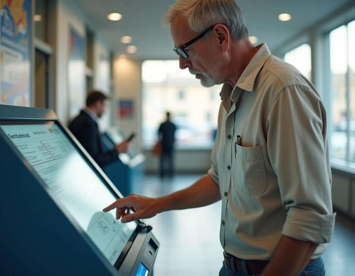 Homme utilisant une borne interactive pour retrouver son numéro de compte CCP dans une agence postale