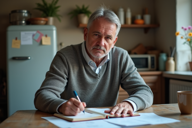 Homme d'âge moyen écrivant ses finances à la maison