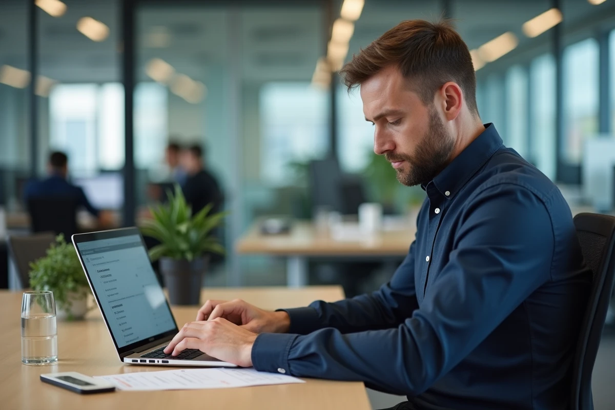Homme en bureau consultant un simulateur de prime d'activité sur ordinateur portable après une hausse de salaire