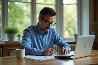 Homme d'âge moyen calculant l'intérêt composé à la maison