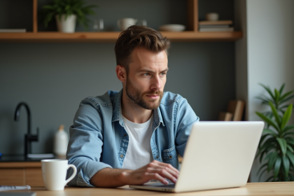 Homme en tenue casual travaillant sur son ordinateur dans une cuisine moderne