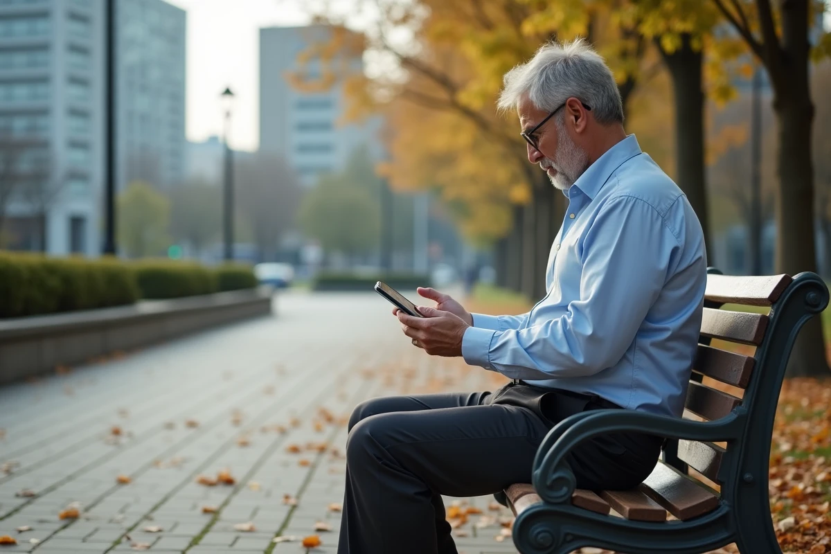 Homme configurant son application bancaire en plein air