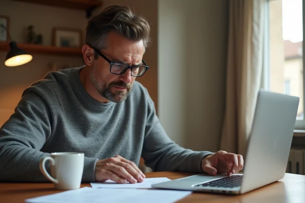 Homme consultant ses documents Pôle emploi et son espace personnel en ligne pour comprendre ses délais d'indemnisation