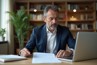 Homme en costume bleu compare documents de mortgage à la maison