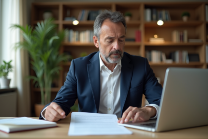 Homme en costume bleu compare documents de mortgage à la maison