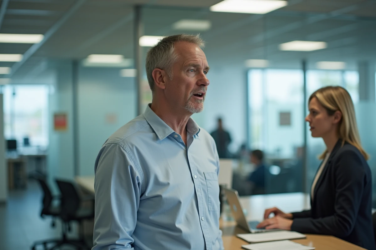 Homme discutant avec un conseiller dans un bureau municipal