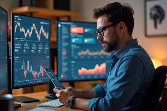 Homme en techsavy regardant un tableau de bord crypto
