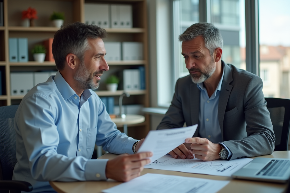 Homme en costume discute avec conseiller immobilier au bureau