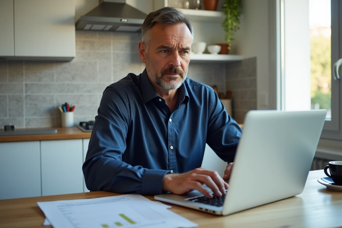 Homme à domicile calculant son salaire net à partir d'une fiche de paie sur ordinateur portable