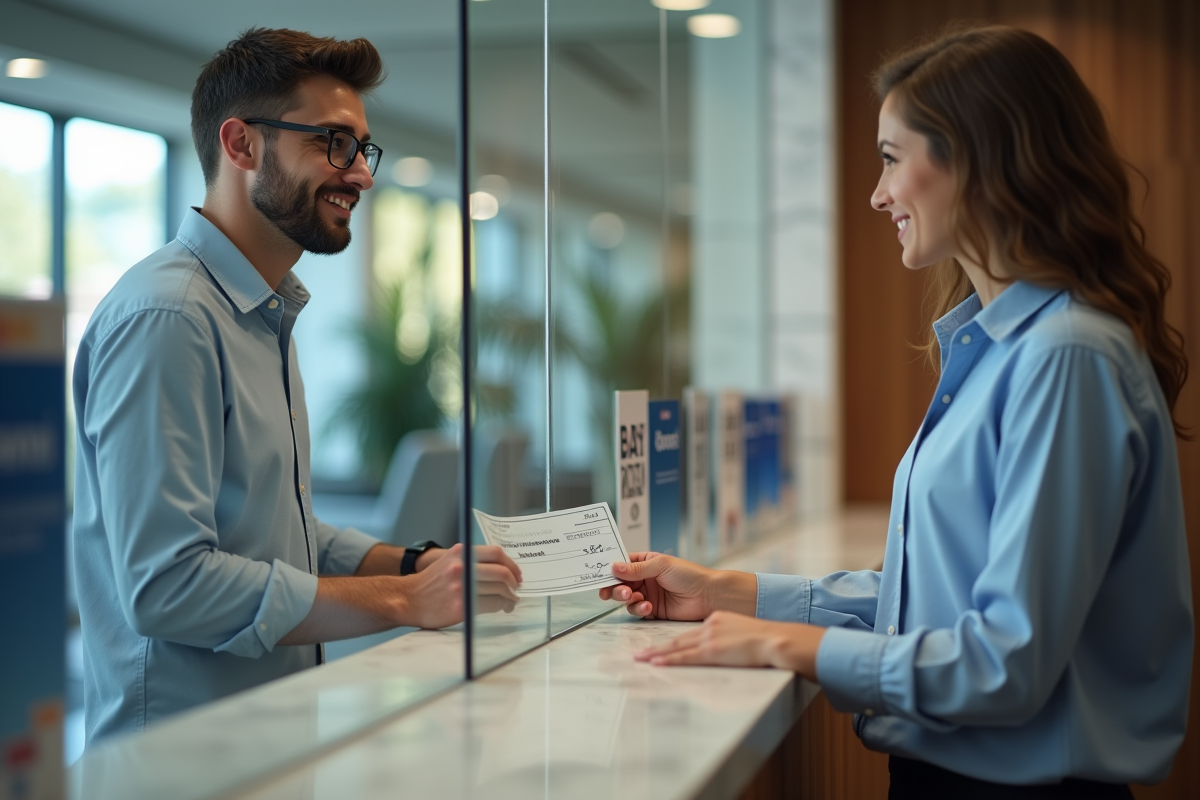 Jeune homme remettant un cheque au guichet bancaire