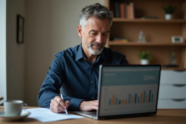 Homme consultant son espace client CMB sur un ordinateur portable dans un bureau à domicile moderne en 2026