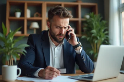 Homme inquiet au bureau avec carte de cr&eacute;dit et smartphone