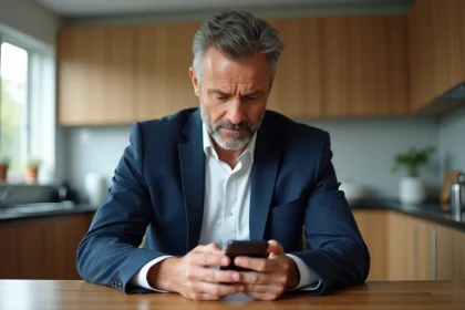 Homme d'&acirc;ge moyen utilisant son smartphone dans une cuisine lumineuse