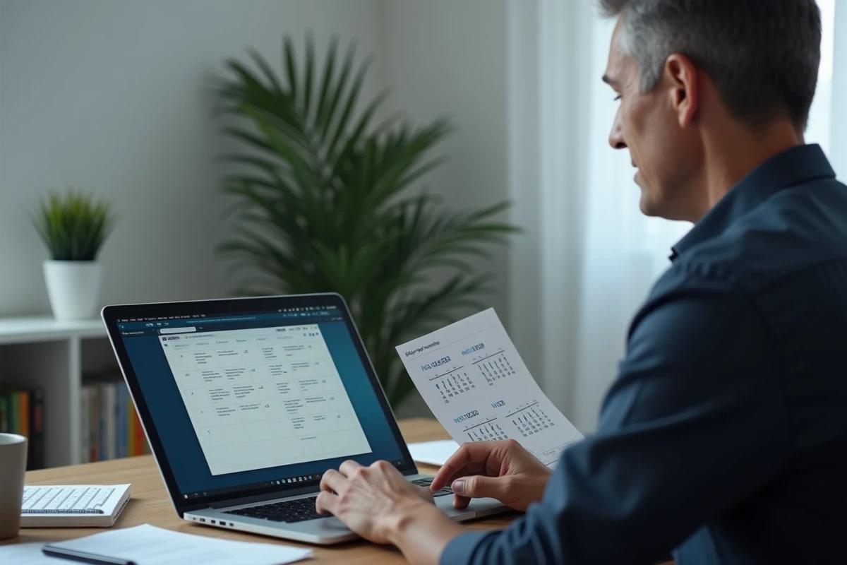 Homme consultant un calendrier d'invalidité en PDF sur un ordinateur portable dans un bureau à domicile