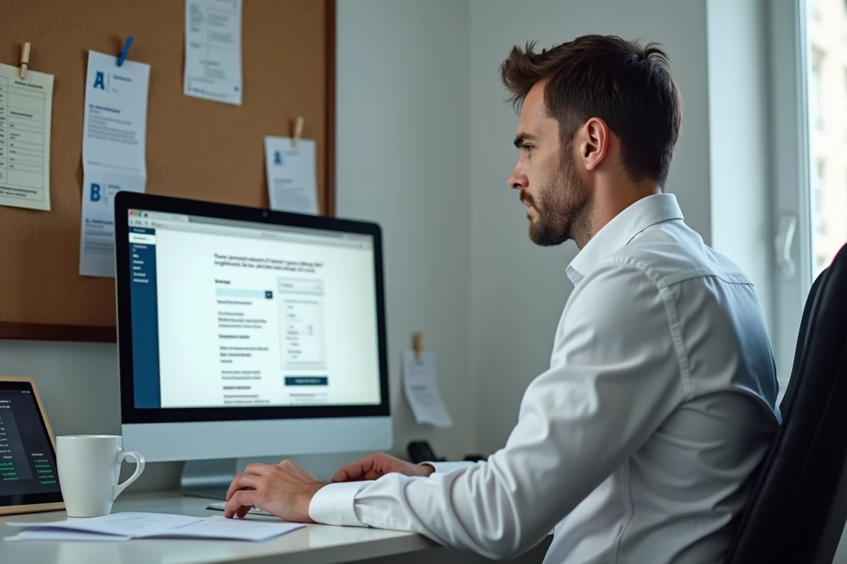 Homme consultant le portail en ligne de la CAF pour sa demande d'APL sur un ordinateur de bureau dans un bureau à domicile