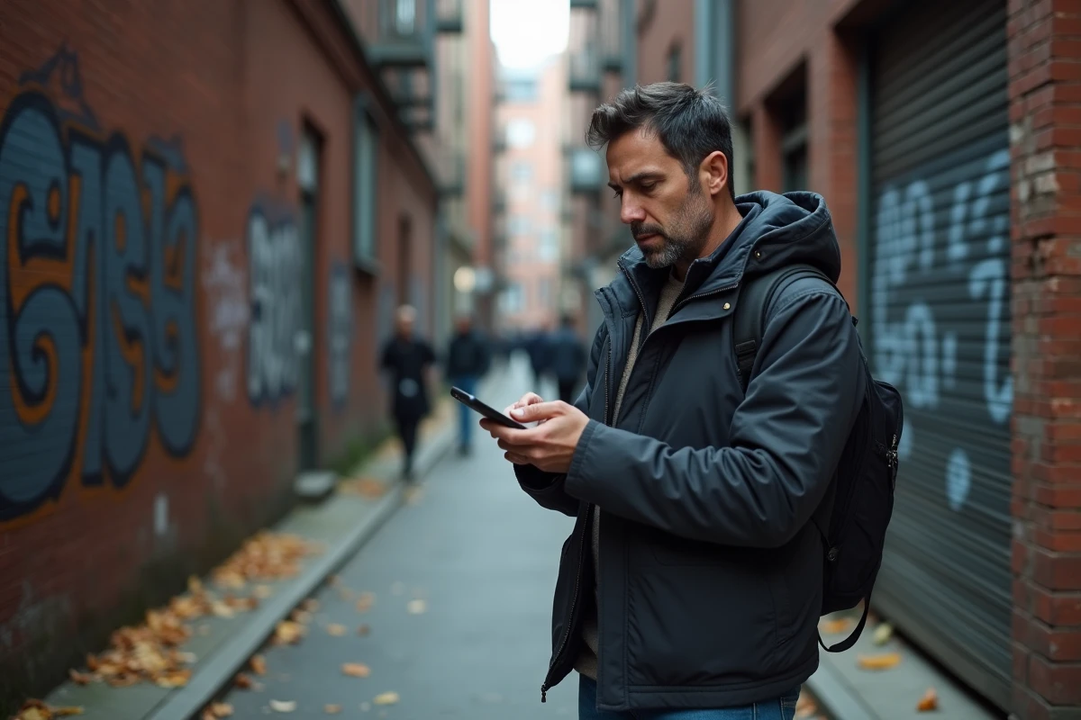 Homme vérifiant son portefeuille numérique dans une ruelle urbaine