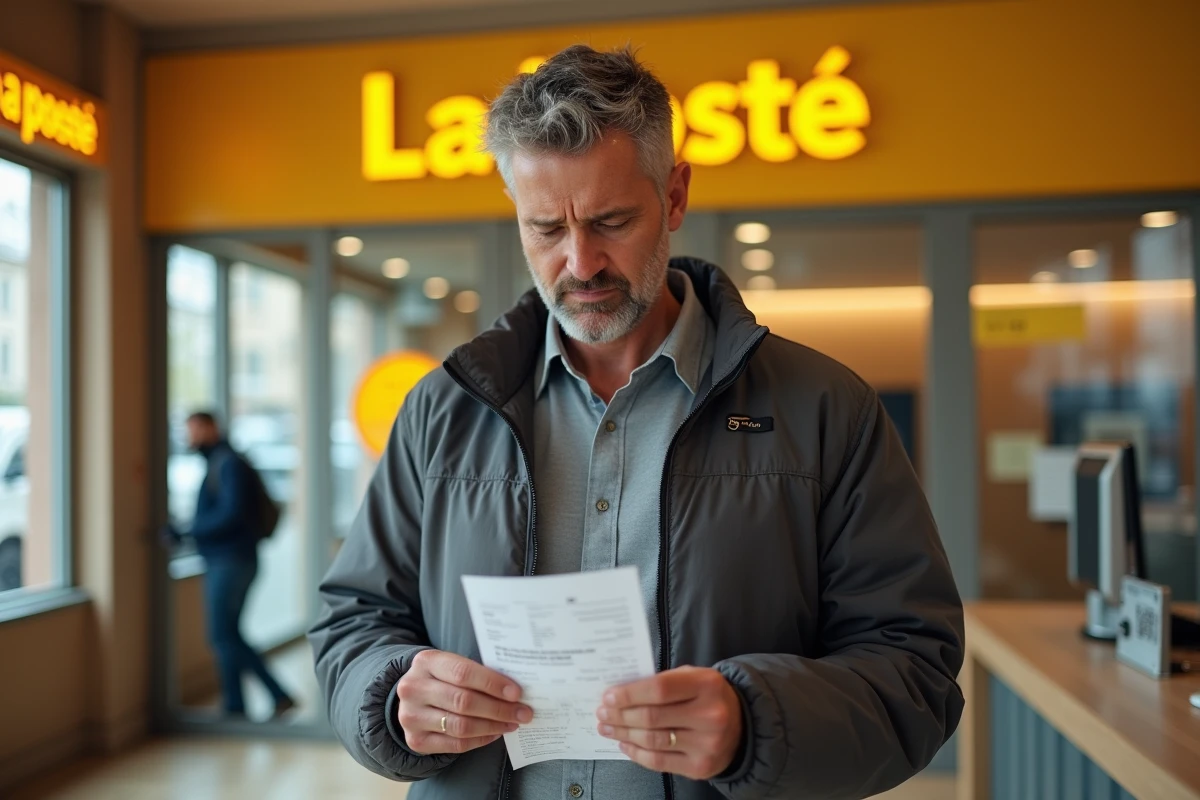 Homme examinant un reçu de distributeur automatique dans un bureau de La Poste