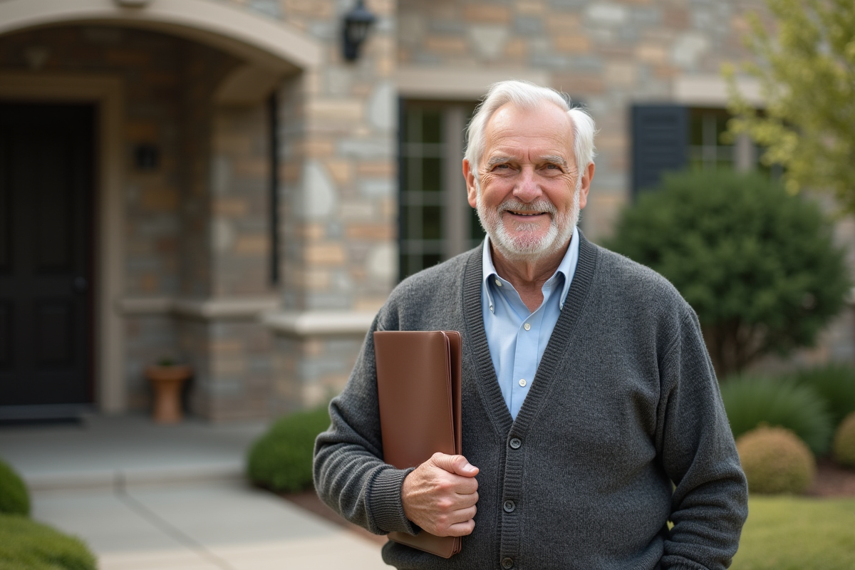 Homme âgé souriant devant une maison de retraite