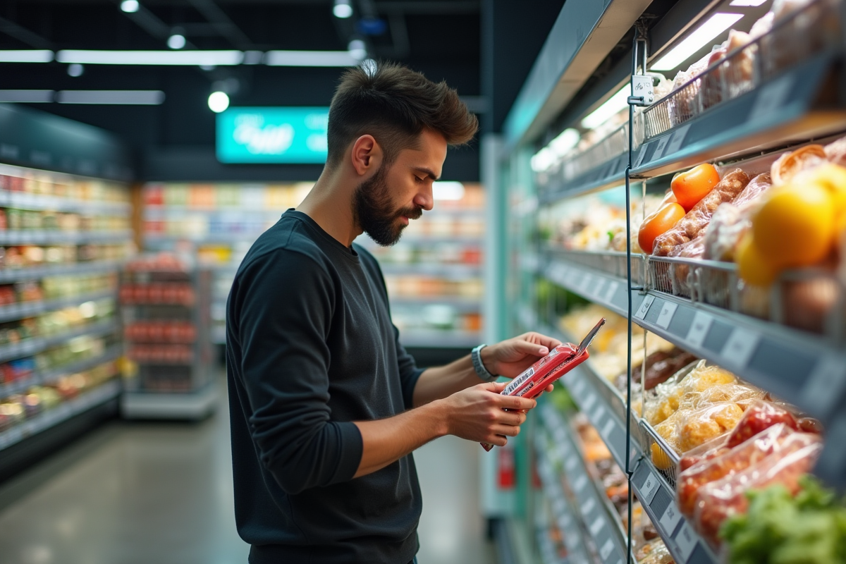 Homme comparant les prix lors de ses courses en supermarche