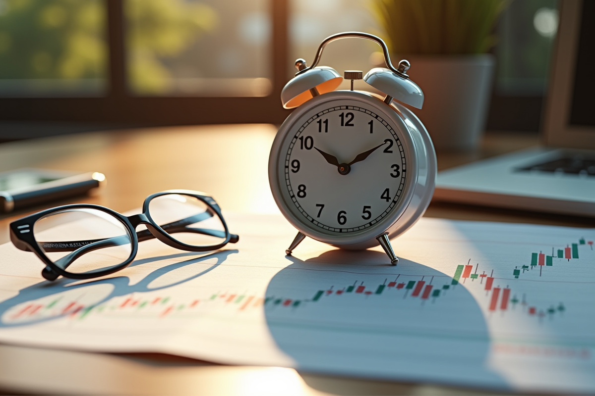 Horloge analogique avec graphiques boursiers et lunettes sur une table en bois