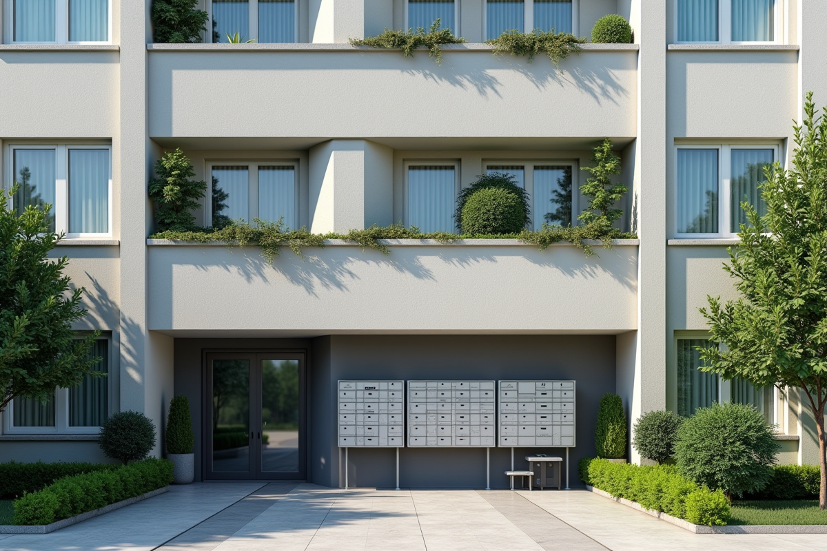 Immeuble moderne avec fenêtres et boîte aux lettres en ville