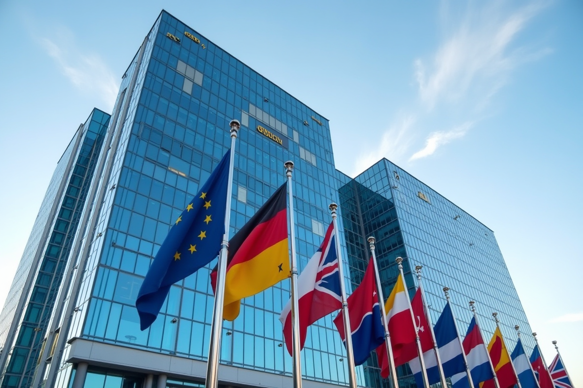 Bâtiment moderne gloffice en Europe avec drapeaux EU