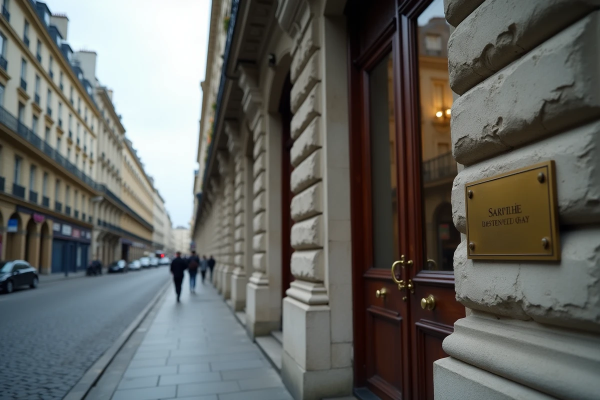Immeuble haussmannien parisien avec une plaque dorée évoquant une société de gestion de patrimoine ou de finance privée liée à André-Louis Auzière