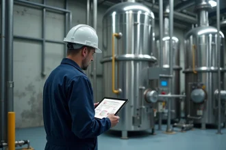 Ingénieur industriel analysant des données énergétiques dans une installation de traitement au plasma, symbolisant la transition énergétique et l'avenir d'Europlasma