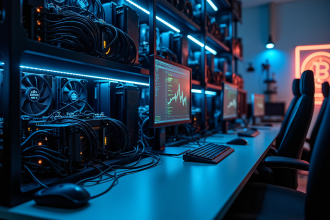 Configuration moderne de minage bitcoin avec ASIC et écrans