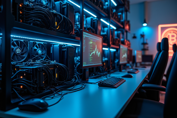 Configuration moderne de minage bitcoin avec ASIC et écrans