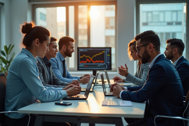 Groupe d'investisseurs inquiets analysant la bourse