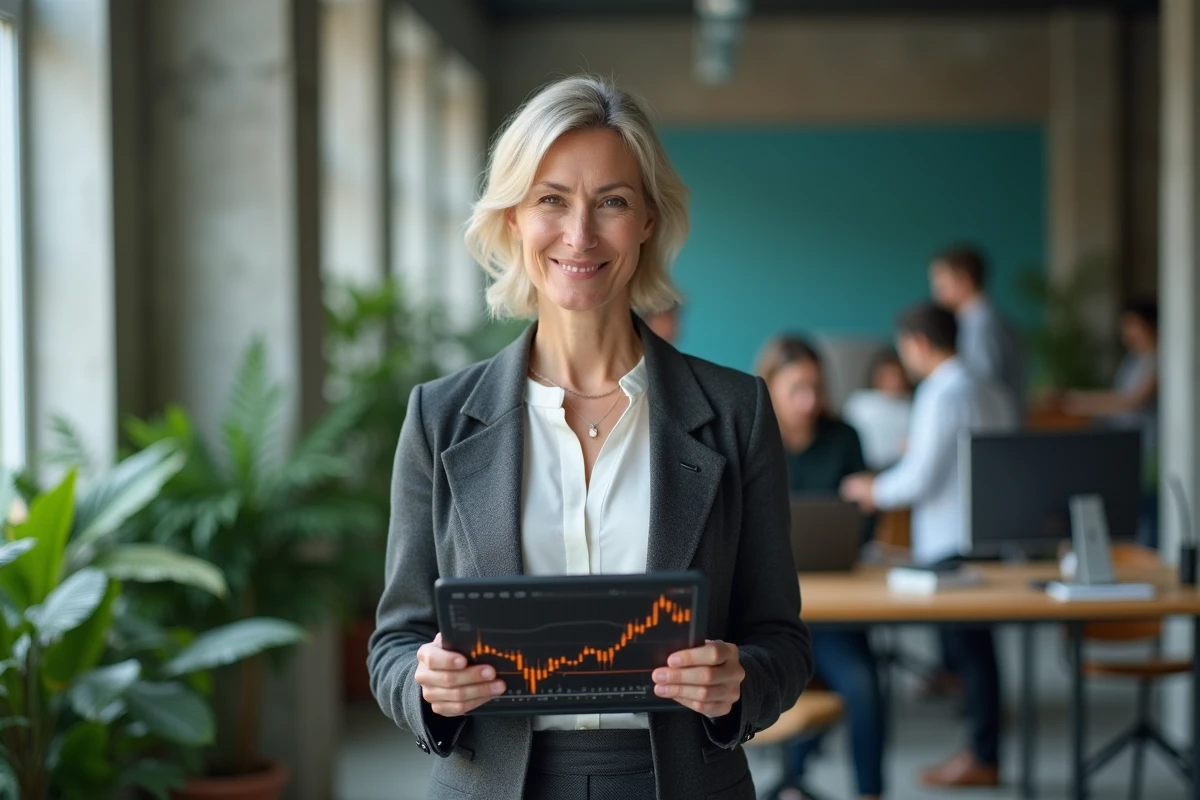 Investisseuse analysant les signaux techniques du titre Orange ORA sur une tablette dans un espace de coworking