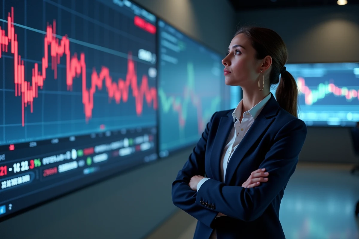 Investisseuse analysant des écrans de trading avec tendances baissières, décision de stratégie de sortie sur actions en chute