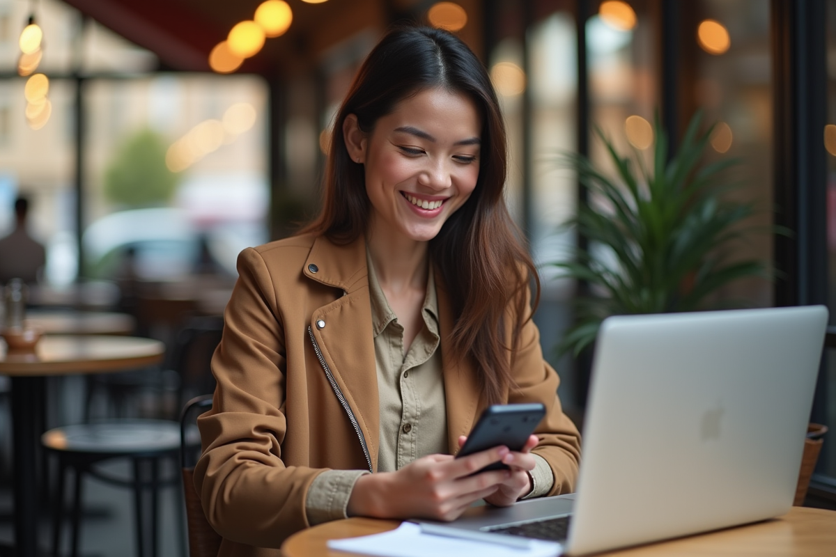 Jeune adulte souriant utilisant un smartphone au café