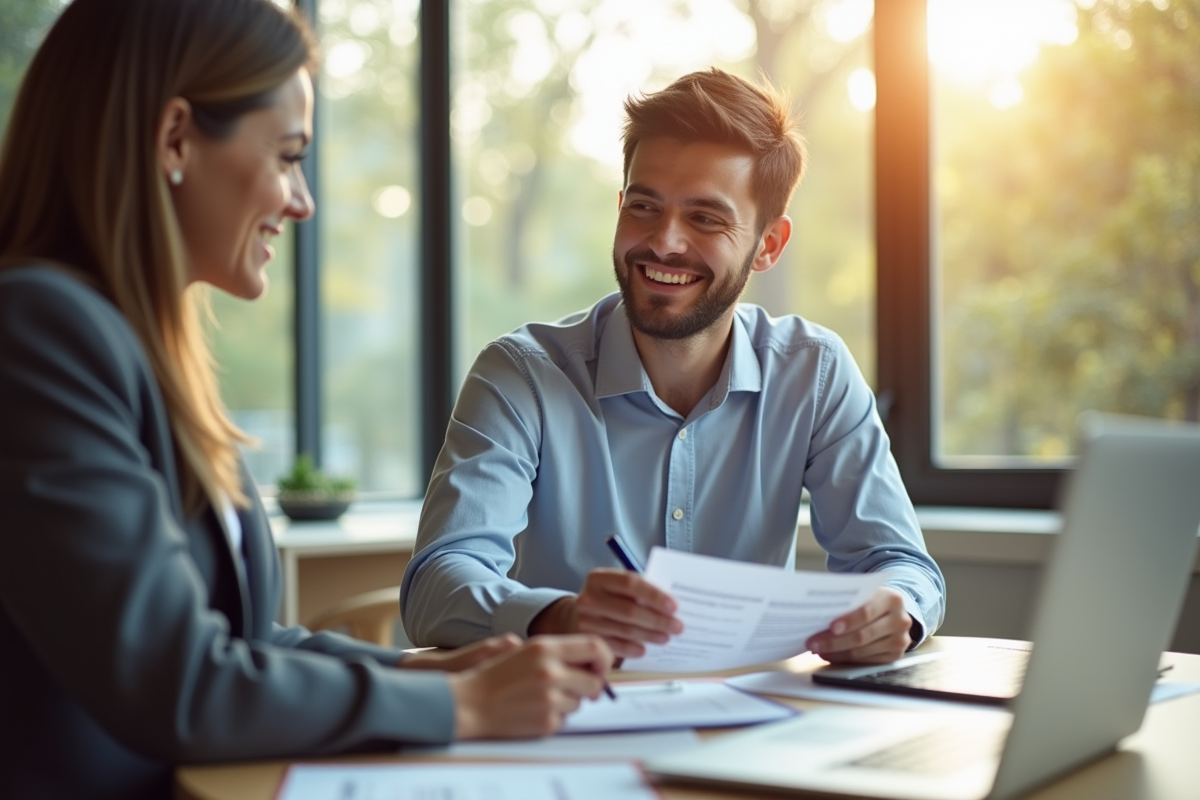 Jeune adulte souriant avec conseiller financier dans une banque lumineuse