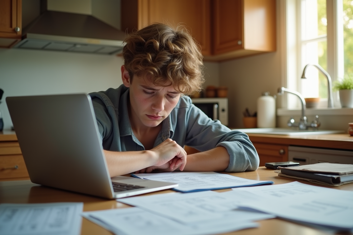 Jeune adulte inquiet étudiant ses impots à la maison