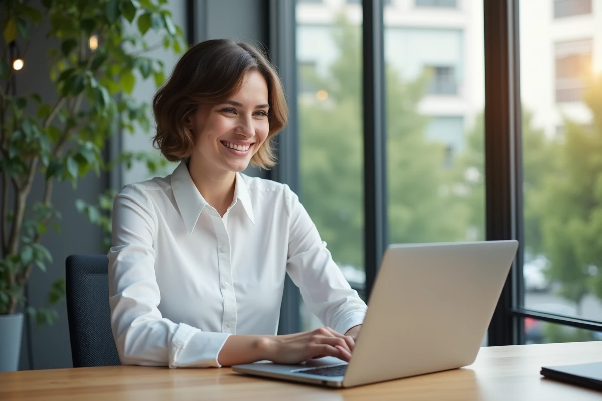 Jeune femme assureur travaille sur son ordinateur à Nice