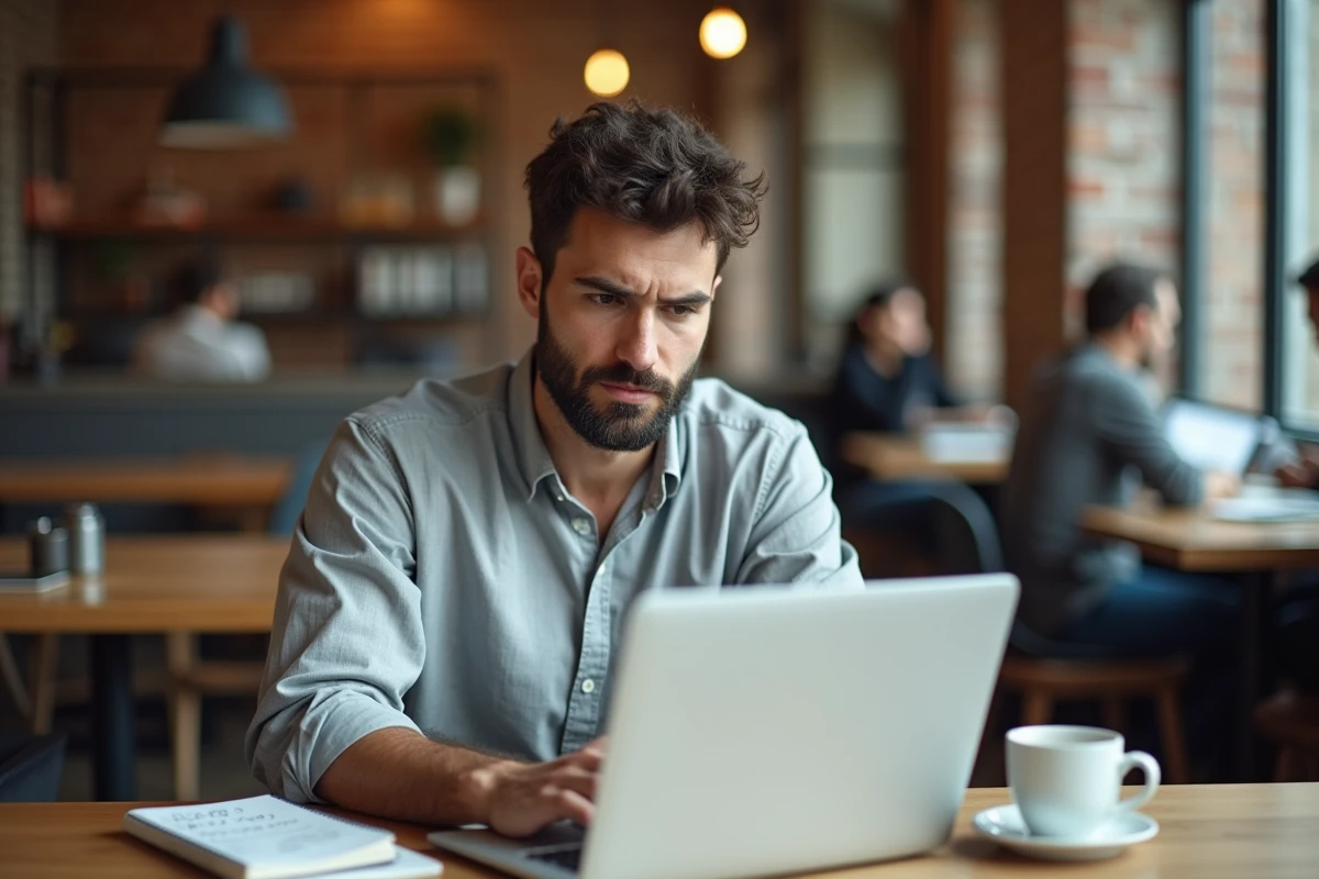 Jeune professionnel en comptabilité comparant des perspectives salariales bac+3 et bac+5 sur ordinateur portable dans un espace de coworking
