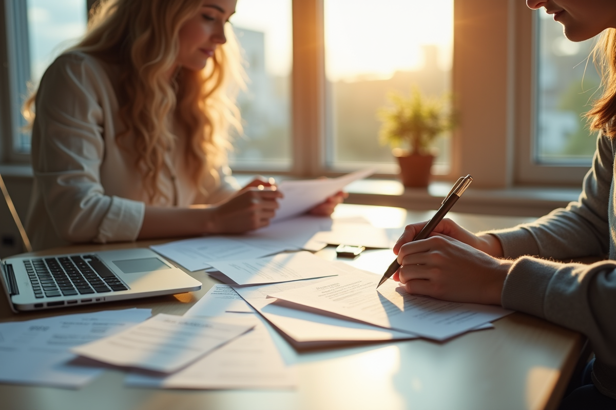 Jeune couple organisant des documents officiels lumineux