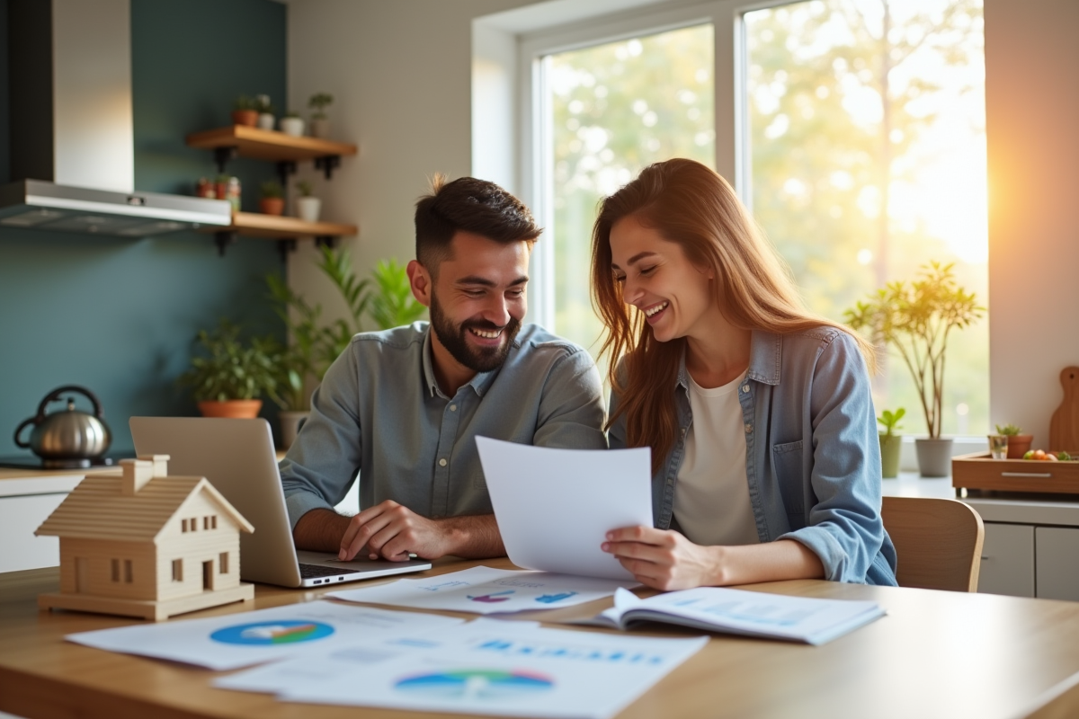 Jeune couple souriant examinant documents de prêt immobilier