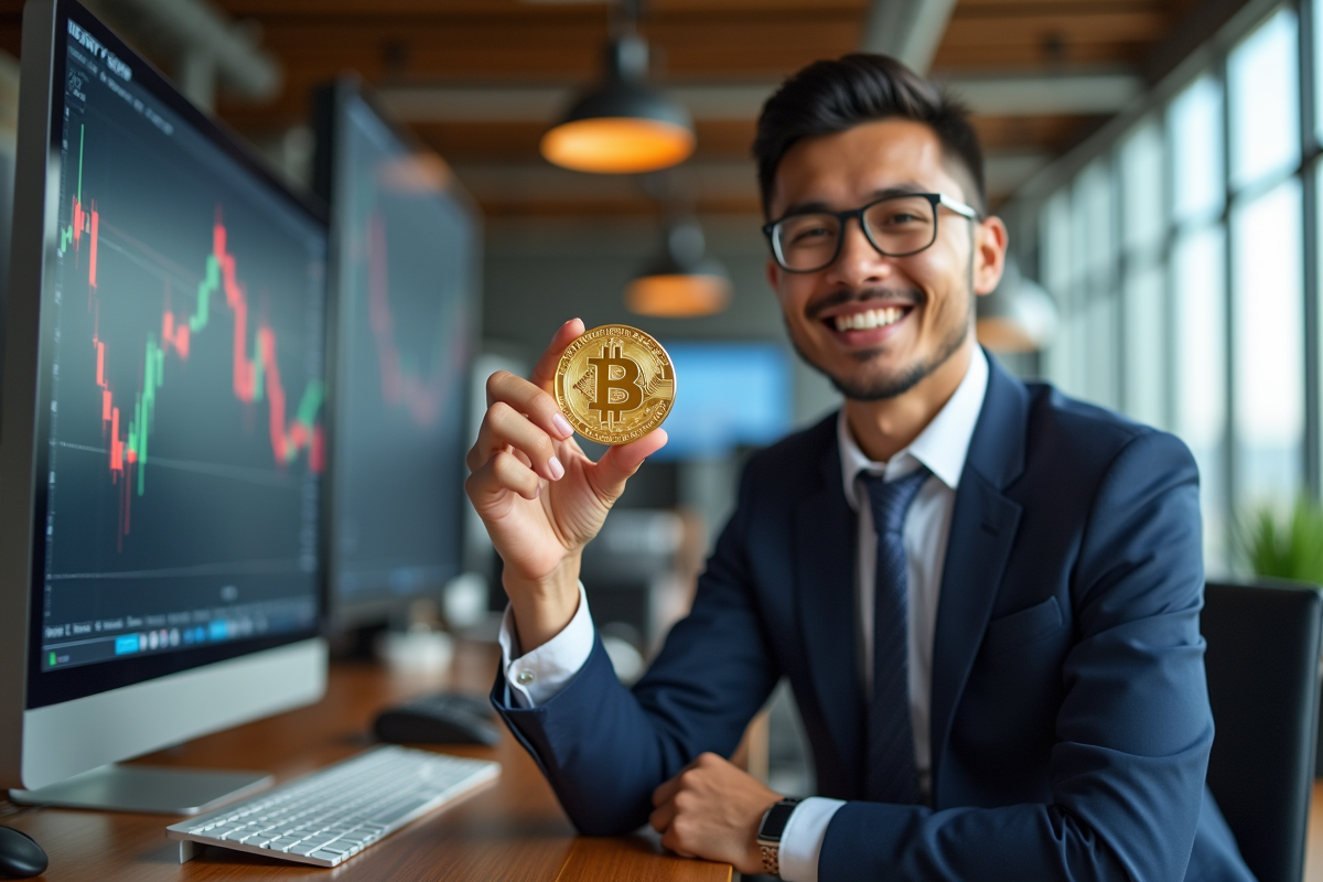 Jeune entrepreneur avec bitcoin or dans un bureau moderne